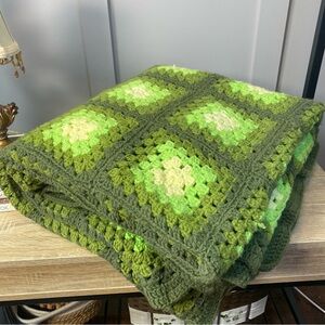 Handmade Crochet Afghan Throw Blanket Green Puff Stitch Boho 88” X 78” Cotton